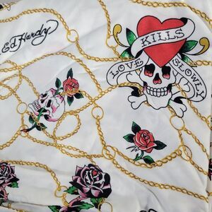 Ed Hardy KING Sheets Set 6pc White Pink Skull Roses Gold Chain Love Kills Tattoo